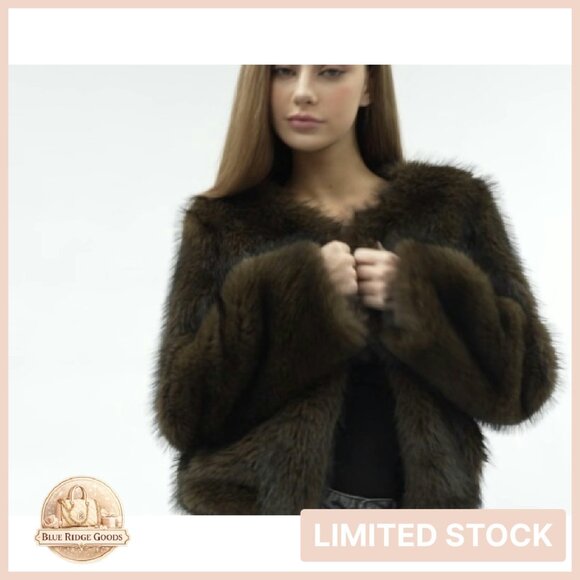 Faux Fur Cropped Coat Long Sleeve Open Front Winter Elegant Chic - Picture 7 of 7